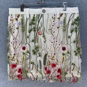 Hydraulic Women sz 12 White Skirt Embroidered Mesh Overlay Floral BOHO Botanical